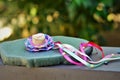 Small straw hat with colorful ribbons for June party