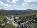 Small stream of creek in the wild beautiful Lapland nature landscape with pink flowers, stones and green hills with Royalty Free Stock Photo