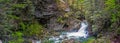 Small clear waterfall in the deep green summer forest Royalty Free Stock Photo