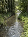 Small stream flowing through picturesque valley with meadows and forests. Royalty Free Stock Photo