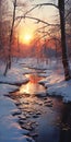 Winter Stream: Photorealistic Evening Glow In Light Red And Gold