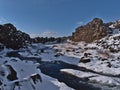 Small stream near ÃâxarÃÂ¡rfoss in ÃÅ¾ingvellir national park, Golden Circle, Iceland, flowing through a tectonic rock gap.