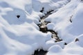 A small stream opens up in the snow and announces the arrival of Spring. Royalty Free Stock Photo