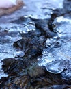 Small stream of water, partially frozen over, with stones on the riverbed Royalty Free Stock Photo