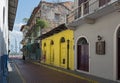 Small street with old historic buildings in casco viejo panama city Royalty Free Stock Photo