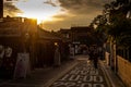 A small street and shops in Seoul at sunset, Bukchon Hanok Village, South Korea