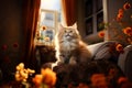 A small striped kitten looks up questioningly at a neutral background in the room. Royalty Free Stock Photo