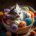 A small striped kitten is playing with white and blue balls of yarn and thread. Royalty Free Stock Photo