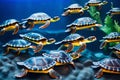 Small striped turtles in an aquarium for sale in a store, close up GeneratedAI Royalty Free Stock Photo