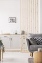 Small studio apartment with contemporary kitchen and grey settee, real photo Royalty Free Stock Photo