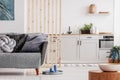 Small studio apartment with contemporary kitchen and grey settee, real photo Royalty Free Stock Photo