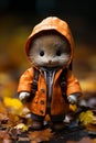 a small stuffed animal wearing an orange coat and boots