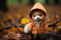 a small stuffed animal wearing an orange coat in the woods