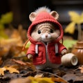 a small stuffed animal wearing a red jacket on the ground