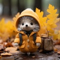 a small stuffed animal wearing a yellow jacket and hat