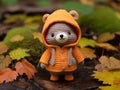 a small stuffed bear wearing an orange coat