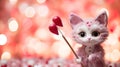 A small stuffed cat holding a heart shaped stick with eyes, AI