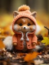 a small stuffed fox wearing an orange sweater