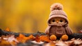 a small stuffed owl sitting on a branch in autumn leaves