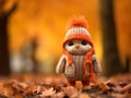 a small stuffed owl wearing a knitted hat and an orange scarf