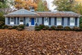 Small suburban ranch house with roof and yard covered in leaf litter, needing yard maintenance