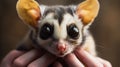 A small sugar glider is being held by someone's hand, AI