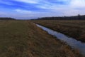 Small swampy river in the field. Wilted grasses on the banks of the river. Evening landscape