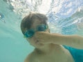 Small swimmer boy underwater hold his breath by pinching nose, Royalty Free Stock Photo