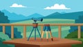 A small table with a spotting scope and a binoculars propped up on a balcony providing a perfect view of a nearby bird