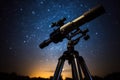 small tabletop telescope set against the backdrop of an illuminated night sky