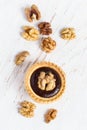 Small Tart with walnut and chocolate mousse, top view
