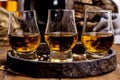 Small tasting glasses with aged Scotch whisky on old dark wooden vintage table with barley grains Royalty Free Stock Photo