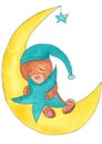 A small teddy bear sleeps on the moon, hugs a pillow. Children's graphics for postcards, wallpapers and prints. Sketch.