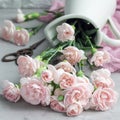 Small tender pink carnation flowers in enamel vase on gray concrete, mother& x27;s day greeting card background, square