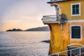 Small terrace overlooking the sea at sunset in the luxurious ancient villa on the Gulf of Tigullio near Portofino in