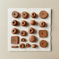 Small terracotta clay shapes are arranged on a textured white paper. The collection Royalty Free Stock Photo