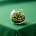 A miniature ecosystem features lush green mosses and ferns, along with a Royalty Free Stock Photo