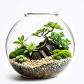 Glass ball terrarium with bonsai and different plants