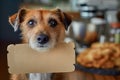 Small terrier dog with a blank cardboard sign in a kitchen. Concept of pet hunger, food request, canine communication Royalty Free Stock Photo