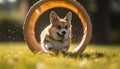 Small terrier playing with ball in green meadow generated by AI