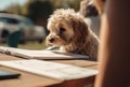 Small terrier sitting on table, reading book generative AI