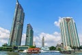 Small Thai ferry boats in Chao Phraya river in Bangkok, Thailand