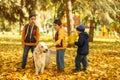 A small three boys emotionally play with large white Labrador d