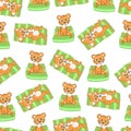 Small tiger cubs , babies with milk bottles, lying and sitting on colorful mats. Seamless pattern on white background