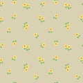 Small tiny yellow flowers with leaves scattered on the beige background. Cute ditsy liberty floral vintage seamless pattern, backg