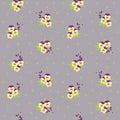 Small tiny yellow and violet pansy flowers bouquets scattered on a dotted background. Ditsy, liberty floral seamless