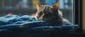 Small to mediumsized cat with whiskers lying on electric blue blanket by window