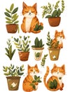 Small to mediumsized cats and houseplants in flowerpots on a white background