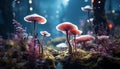 The small toadstool grows in the uncultivated forest, a beauty generated by AI