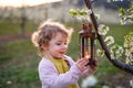 Small toddler girl standing outdoors in orchard in spring, holding lantern.